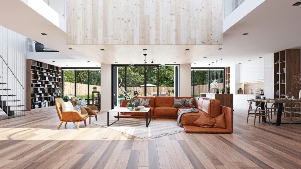 Das zeigt moderne Innenarchitektur in einem großzügigen Wohn- und Esszimmer
