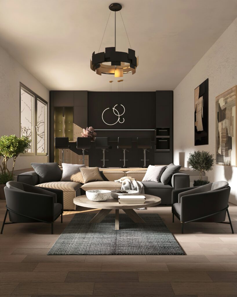 Das Bild zeigt ein modernes dunkles Wohnzimmer